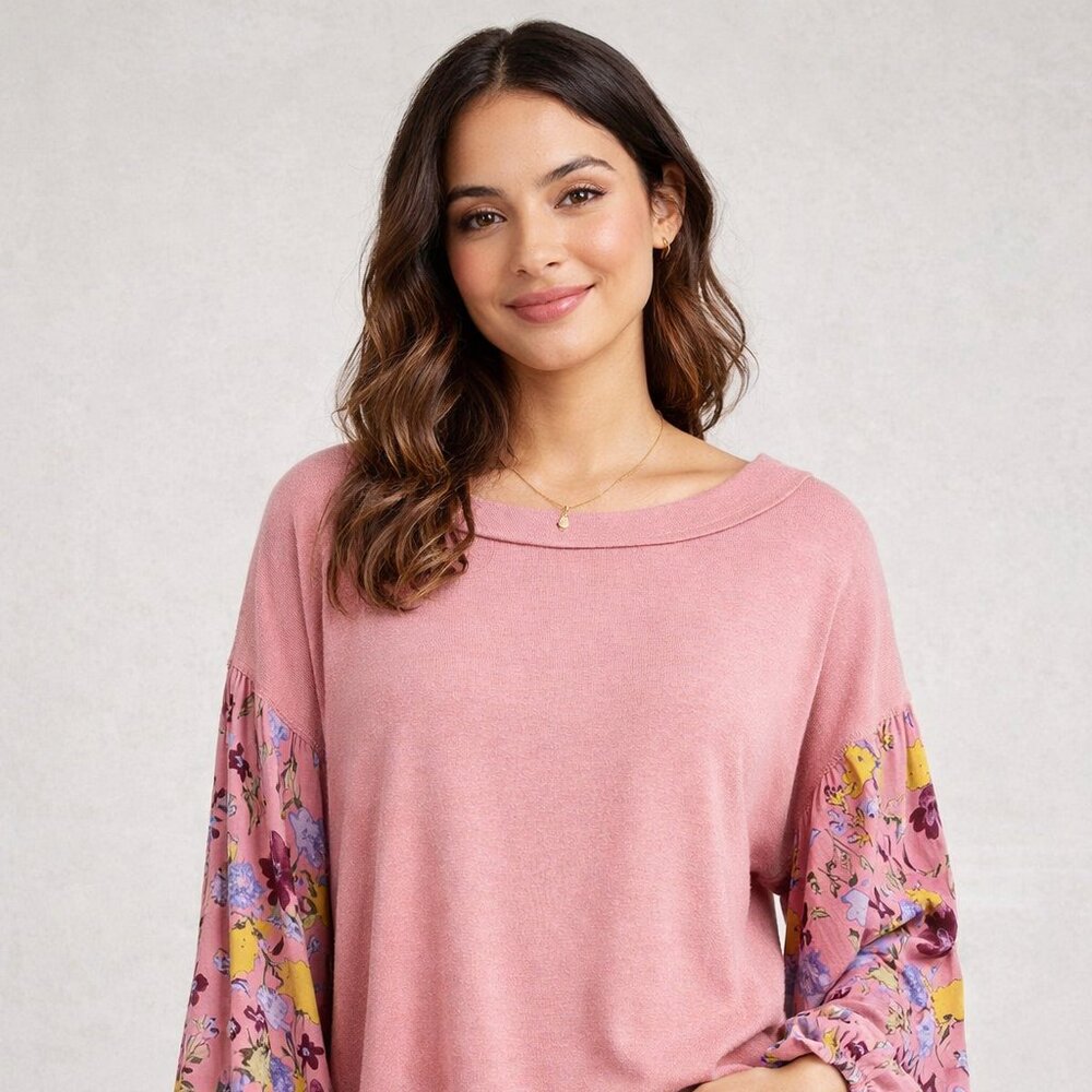 Wonderly Womens Small Pink Floral Balloon Sleeve Pullover‎